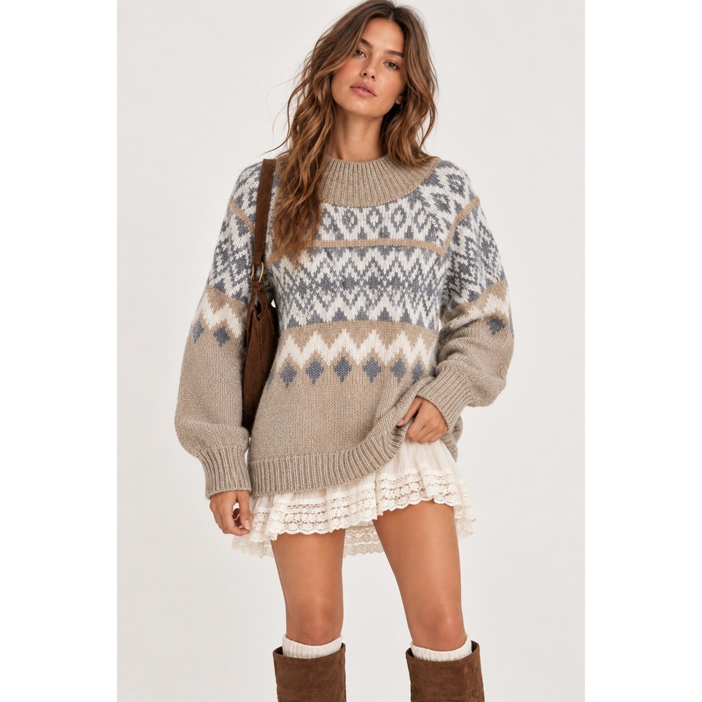 Lucky Brand Fair Isle Mock Neck Sweater Womens XXL Nordic Chunky Cabin Metallic